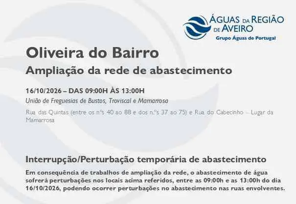 Suspensão temporária do abastecimento no Município de Oliveira do Bairro